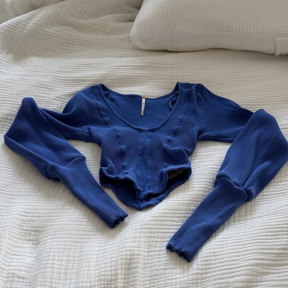 Blue Ribbed Long Sleeve Top